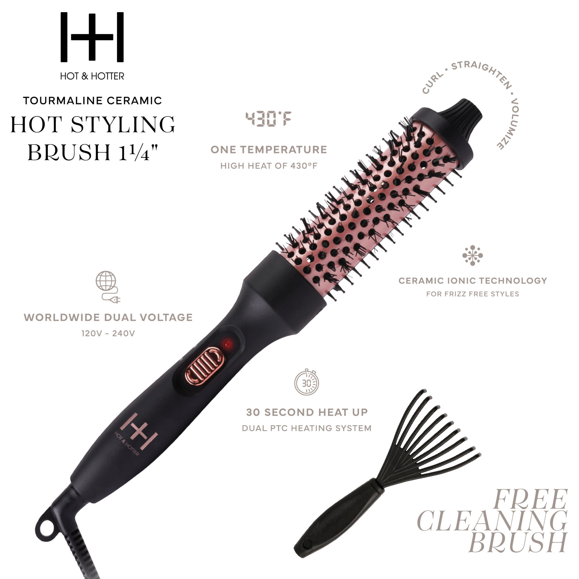 Hot & Hotter Tourmaline Ceramic Hot Styling Brush 1 1/4 Inch, 1 Count, Black