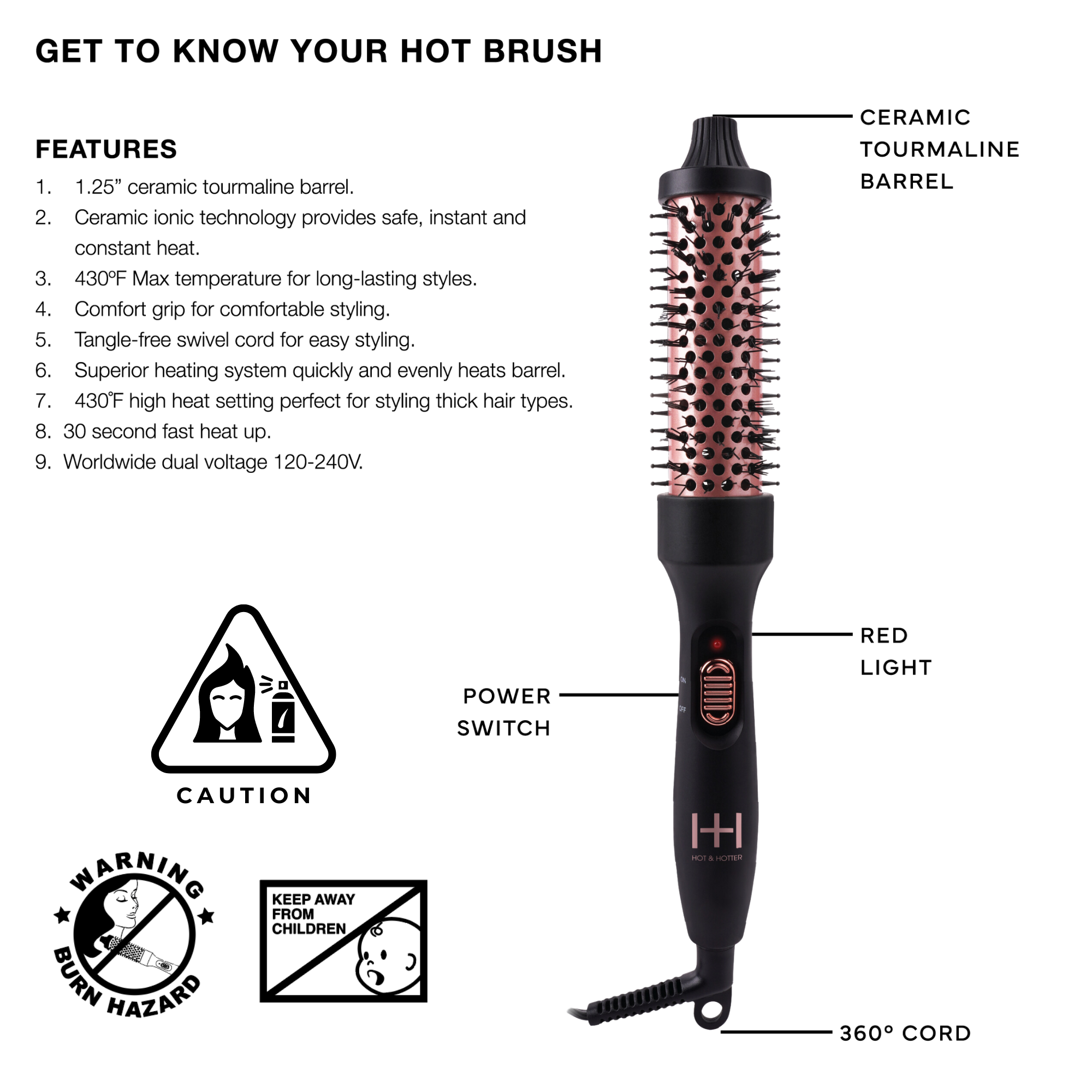 Hot & Hotter Tourmaline Ceramic Hot Styling Brush 1 1/4 Inch, 1 Count, Black